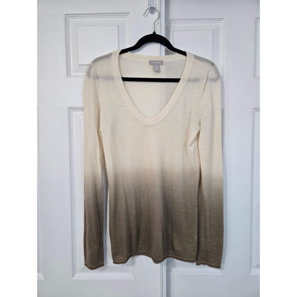 Hayden Women Cashmere Ombre V-Neck Sweater Cream Taupe Brown Dip Dye Medium